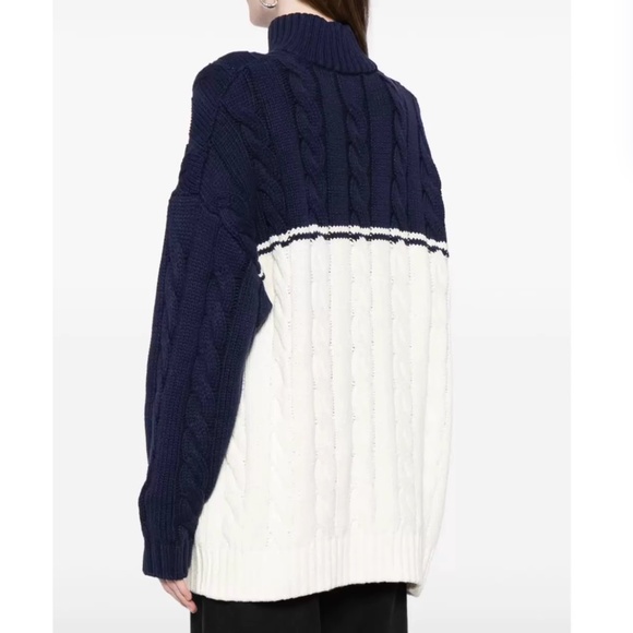 STAUD Hampton Half Zip Cable Knit Long Sweater Knit - Navy/Ivory Casual Two Tone - Picture 4 of 10
